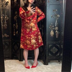 Y2K Kaya Fur Collar Red Silk Blend Floral Print Jacket